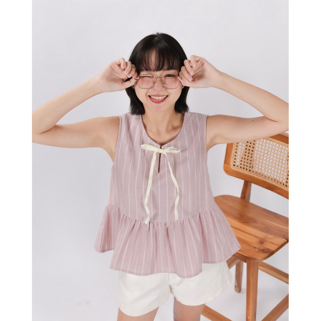 🎉New in🎉เสื้อลายริ้วเเขนกุด เสื้อผูกโบว์ Linen ribbon top