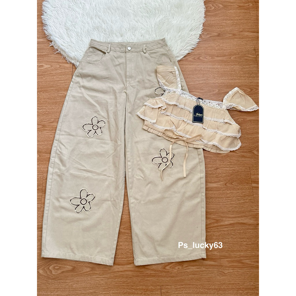 🌹พร้อมส่ง🍒 มือ 1 งานคอลใหม่ Tag 🏷️  Jidapa Style ชุดเซ็ตเสื้อครอประบาย+ยีนส์ขายาวทรงบาร์เรล⭐️🌹 Sz.[L