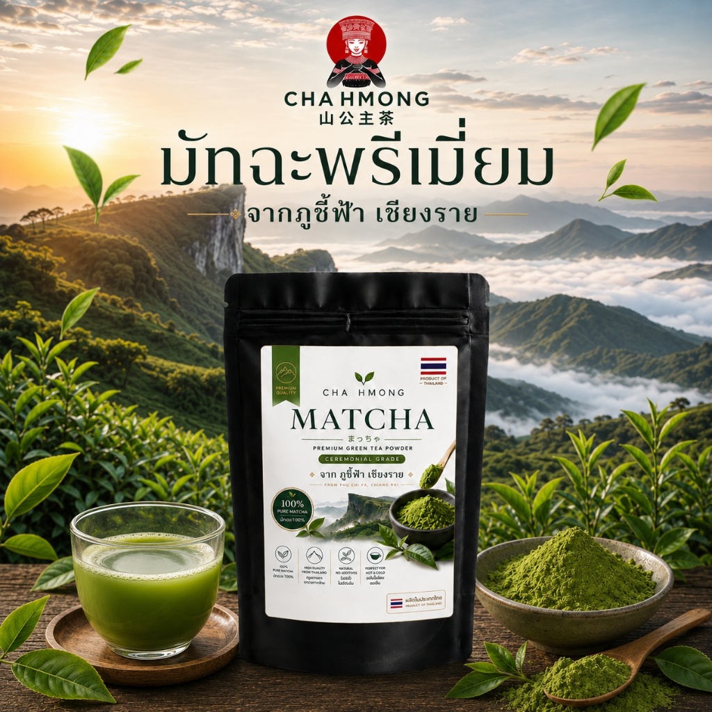 มัทฉะชาเขียว Premium หอม ละมุนสไตล์ญี่ปุ่น CHA HMONG MATCHA ชาเขียวพรีเมี่ยมจาก ภูชี้ฟ้า รสเข้ม