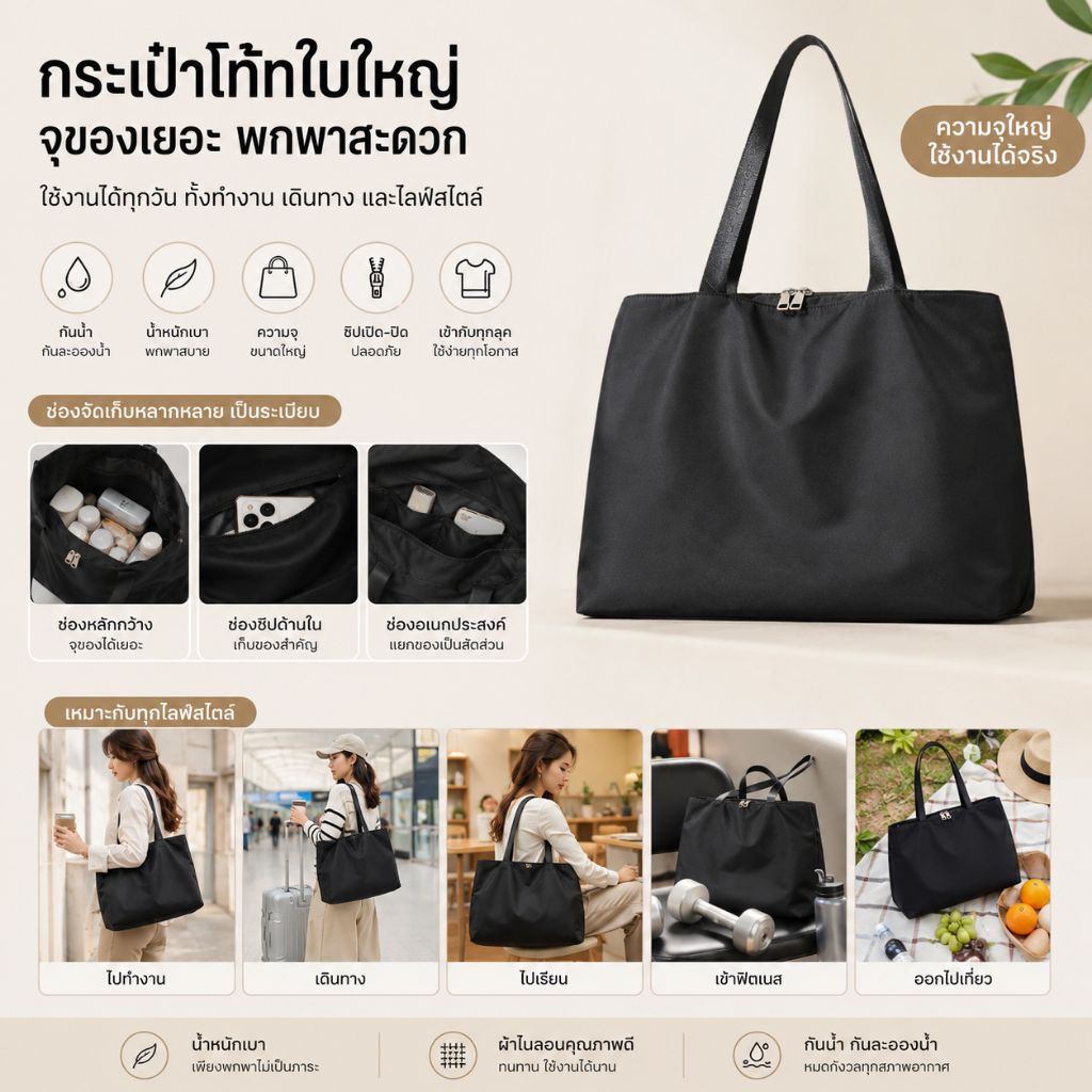 กระเป๋าโท้ทใบใหญ่ จุของเยอะ กันน้ำ น้ำหนักเบา ใช้ได้ทั้งทำงาน เดินทาง และใช้งานประจำวัน
