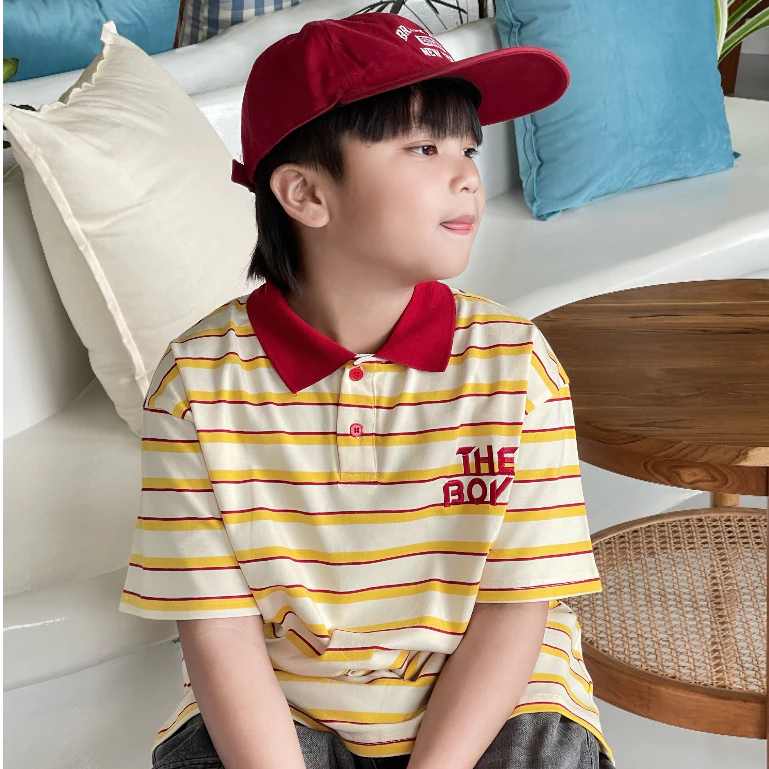 [ส่งไวจากไทย] *แค่เสื้อ* เสื้อโปโลเด็กชาย เสื้อคอปกลายริ้ว งานปักTHE BOYZ สีเหลือง สดใส สไตล์เกาหลี เหมาะสำหรับ 5-14 ปี