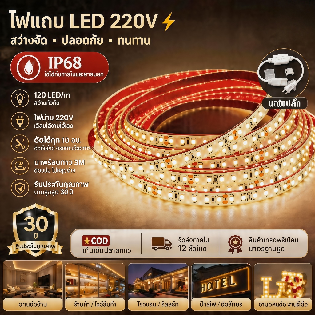 ไฟ LED Strip 220V พร้อมปลั๊ก  IP68 กันน้ํา 125Leds/m ด้านหลังกาวทุก 10 ซม.สามารถตัดแถบไฟแบบยืดหยุ่นสําหรับแสงกลาง