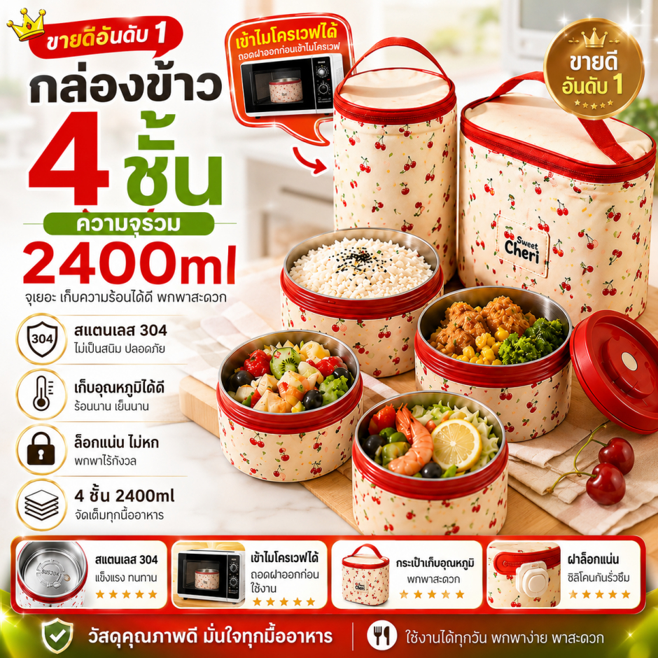 กล่องข้าว กล่องข้าวสแตนเลส 304 2/3/4 ปิ่นโตกล่องอาหาร เข้าไมโครเวฟได้ฟรีถุงเก็บอุณหภูมิ 4ชั้น ปิ่นโต กล่องอาหารสแตนเลส