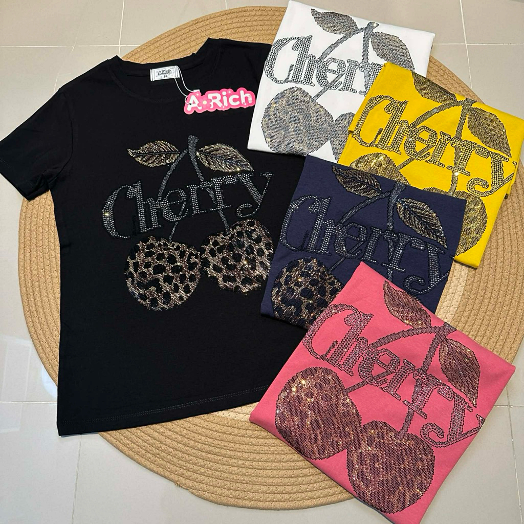 เสื้อยืดรีดเพชรลายเชอร์รี่เสือ ผ้ายูนิโคล่ หนานุ่ม เด้ง