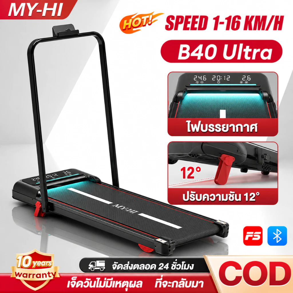 ลู่วิ่งไฟฟ้า B40 16KM/H ลู่วิ่งไฟฟ้าพับเก็บได้ Fitshow APP เพลงบลูทูธ ปรับความชันได้ ความกว้าง 40 ซม.