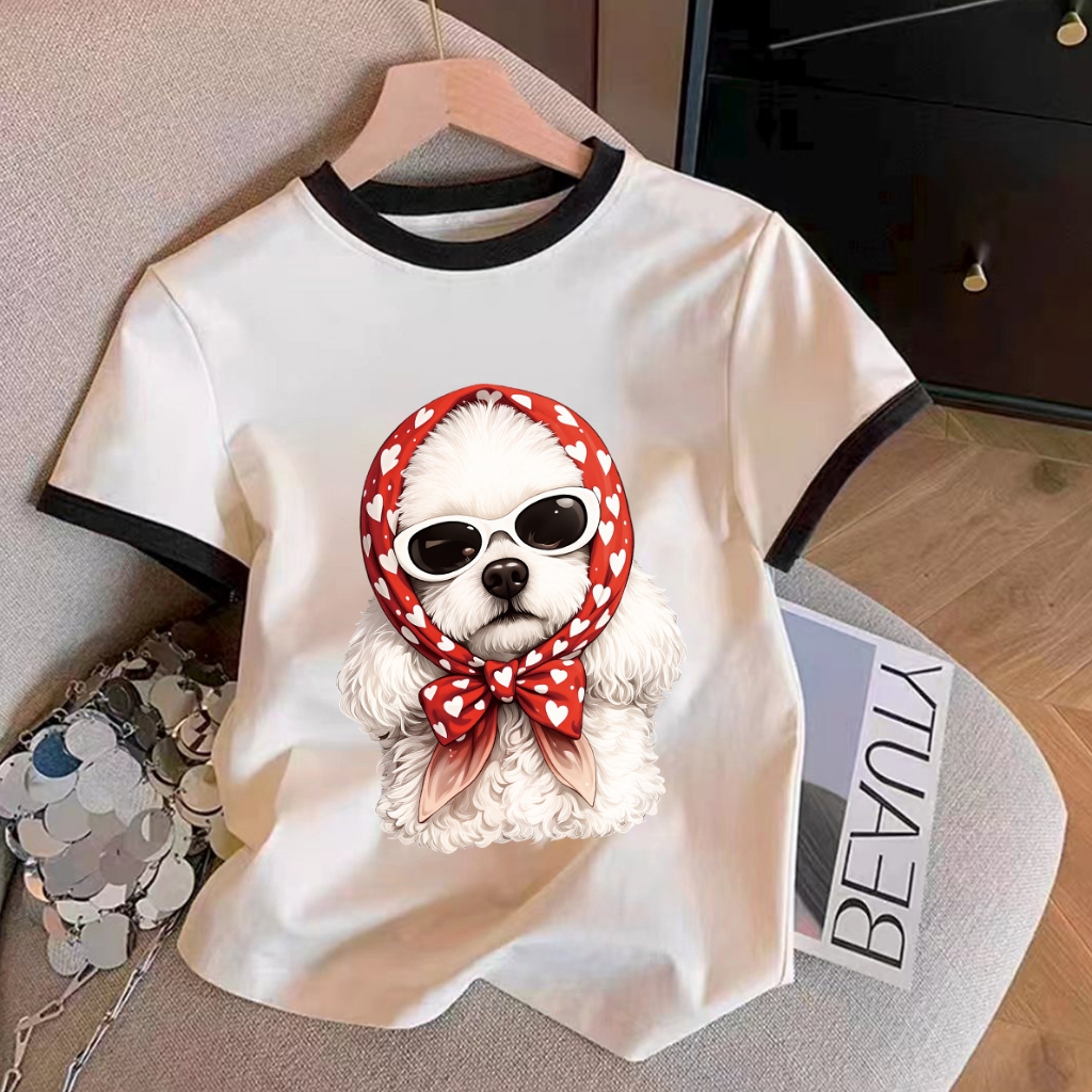 เสื้อยืดสไตล์เกาหลี ลายน้องหมาใส่แว่น สีเบจแต่งขอบน้ำตาล ทรงสวย แมทช์ง่าย เท่ๆ