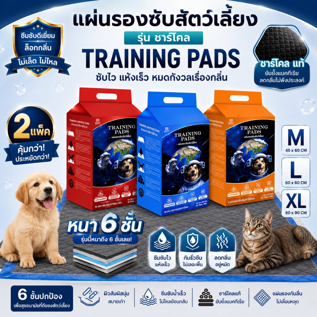 （ 2 แพ็ค）Meow space แผ่นรองฉี่ รุ่นใหม่ชาโคล  แผ่นรองซับ Training pads มีกาว 4 มุม ซึมเร็ว  ป้องกันแบตทีเรีย หนา 6 ชั้น