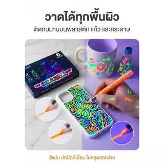 Chokdee ปากกาเพ้นท์ร่างกายเรืองแสง UV 8/12 สี ไฮไลท์ DIY แต่งหน้า ล้างออกได้ เขียนได้เกือบทุกพื้นผิว