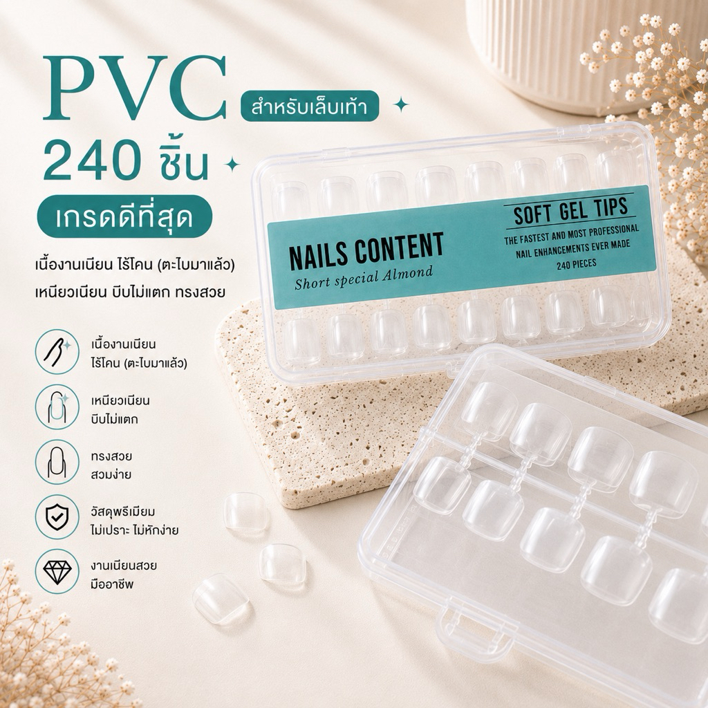 Pvc เล็บเท้า soft gel / Nails content ทรงสวย 1 กล่องมี 240 ชิ้น ต่อเนียนมาก (สีใส)