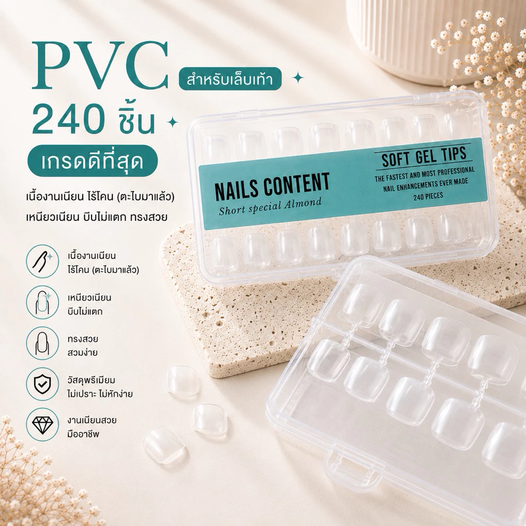 Pvc เล็บเท้า soft gel / Nails content ทรงสวย 1 กล่องมี 240 ชิ้น ต่อเนียนมาก (สีใส)