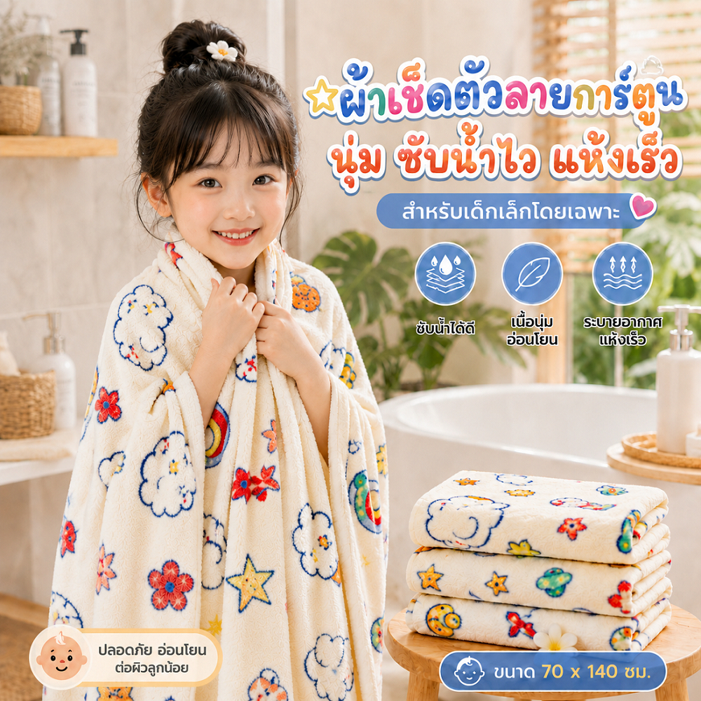 ผ้าเช็ดตัวเด็ก 140x70 ซม. ลายการ์ตูนน่ารัก นุ่มไม่บาดผิว ซึมซับดี แห้งสนิท ผ้าเช็ดตัวเด็กแรกเกิด ผ้าขนหนูเด็ก