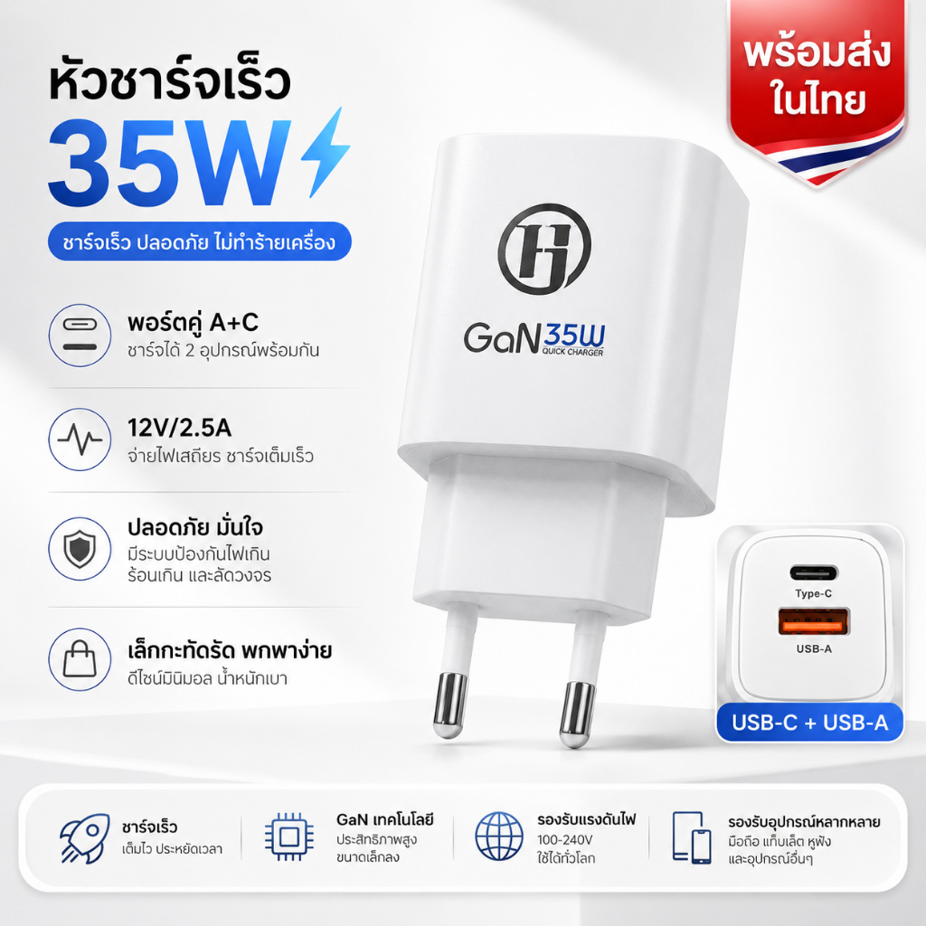 🚚ส่งจากไทย🚚 |หัวชาร์จเร็ว GaN 35W ปลั๊กยุโรป A+C｜Usb-A + Type-C พร้อมส่งในไทย ชาร์จไว พกพาง่าย