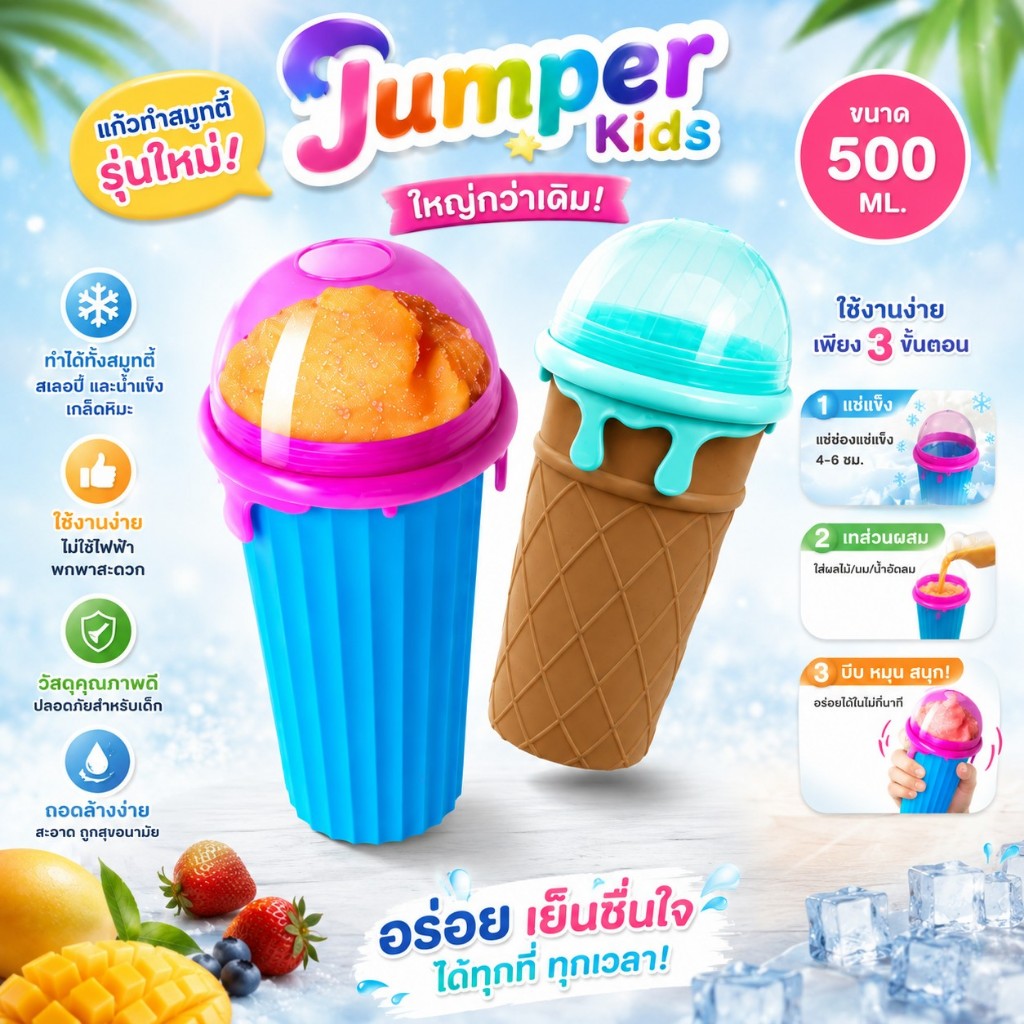Jumper Kids แก้วทำสมูทตี้ รุ่นใหม่ ใหญ่กว่าเดิม แก้วทำสเลอปี้ ทำน้ำแข็งเกล็ดหิมะ ใช้งานง่าย ปลอดภัย ความจุ500ml