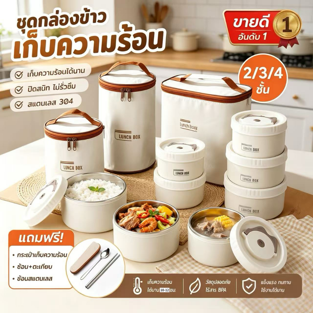 กล่องอาหารกลางวันความจุขนาดใหญ่ฉนวนสแตนเลส 304 ข้าไมโครเวฟได้  กล่องอาหารกลางวันนักเรียน 2/3/4  แถมช้อนและส้อม