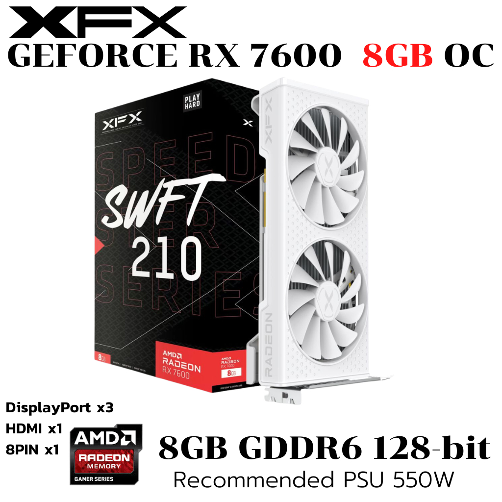 VGA (การ์ดแสดงผล) XFX SPEEDSTER SWFT 210 RX 7600 8GB OC Core Edition White