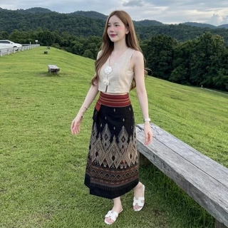 HOMJAI - กระโปรงผ้าไทยทรงเอ ผ้าฝ้ายพิมพ์ลาย กระโปรงยาวทรงสวย ใส่สวยใส่สบายค่ะ (สม็อคหลังยางยืด)