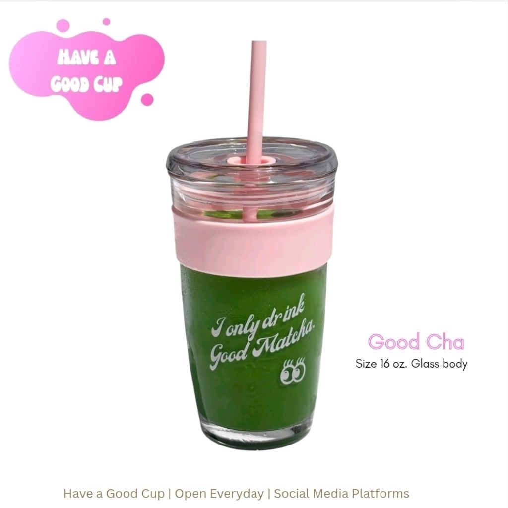 พร้อมส่ง*Glass Tritan GOOD CHA ดีไซน์สุดน่ารักพร้อมหลอดและแปรงทำความสะอาดหลอด คุณภาพดีค่ะ