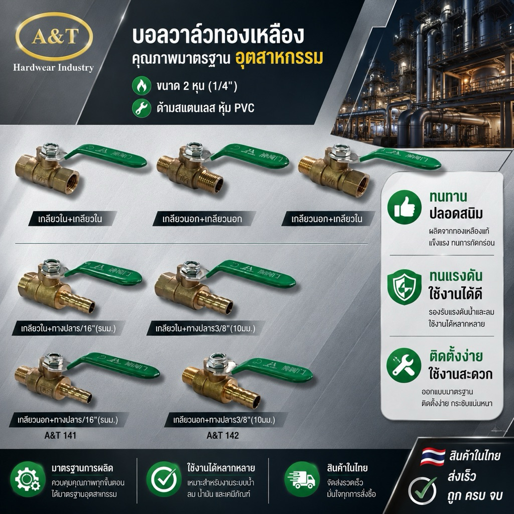 บอลวาล์วทองเหลือง ด้ามสแตนเลส  1/4"(2หุน)