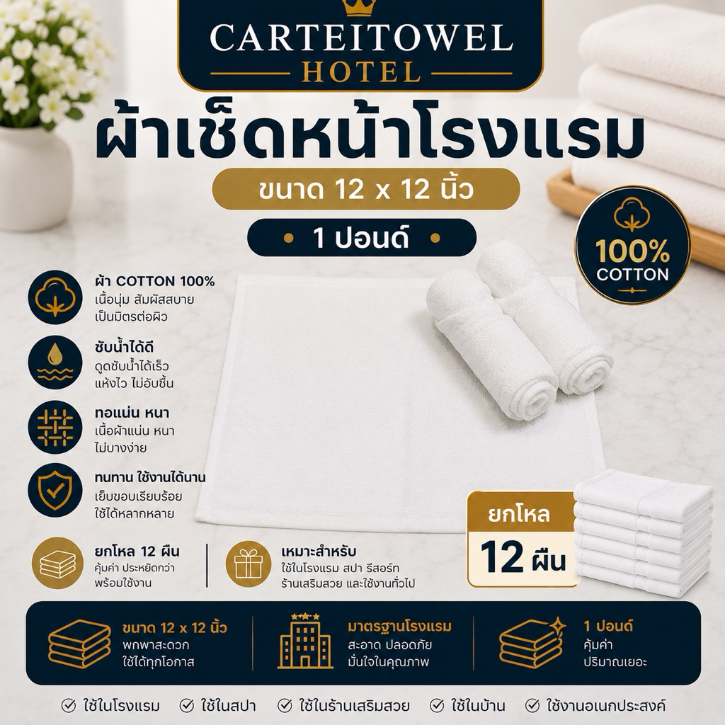 ผ้าเช็ดหน้า ผ้าขนหนู ทอด้ายคู่ ผ้าโรงเเรม 12x12นิ้ว  [ยกโหล12ผืน]
