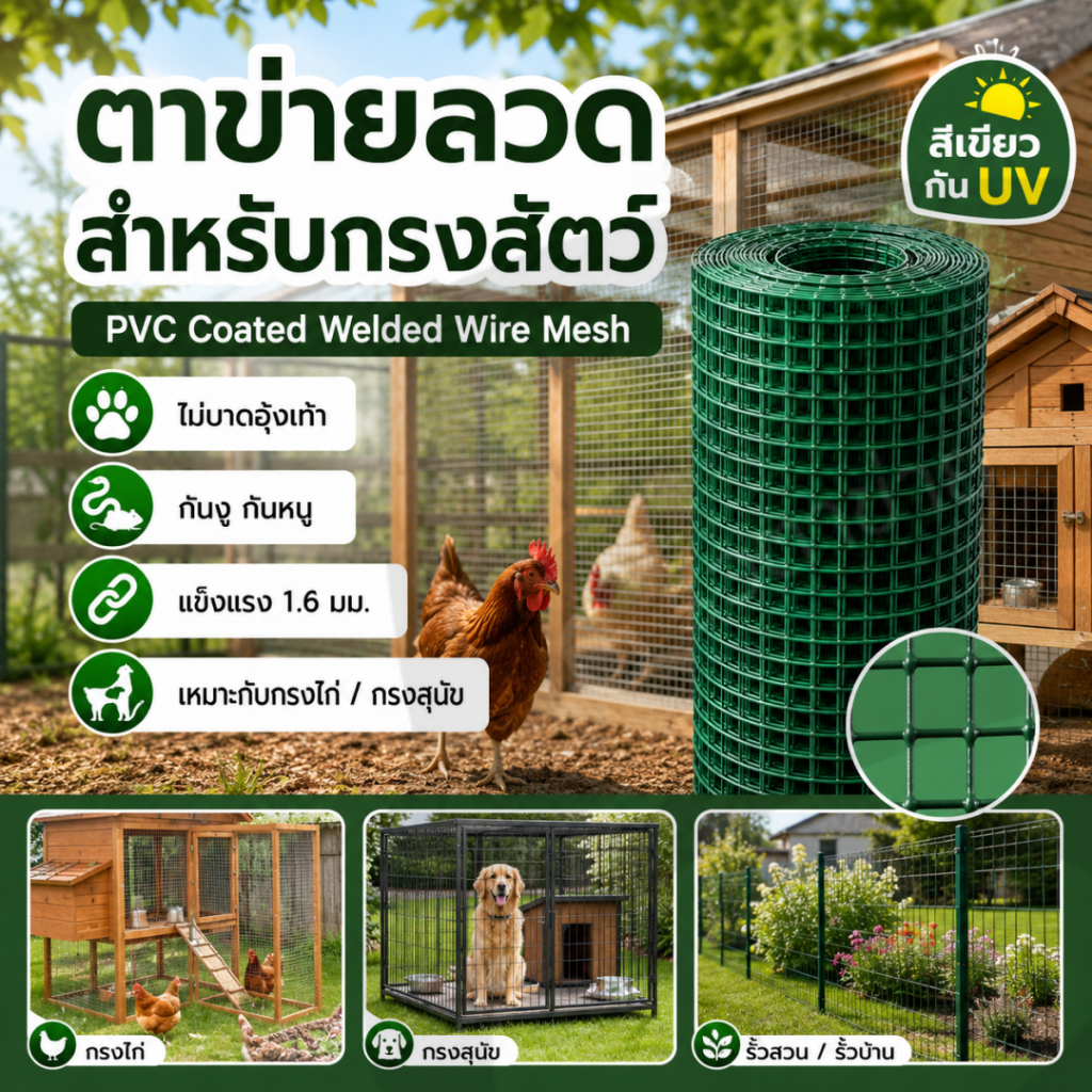 ลวดตาข่ายเชื่อมชุบPVC กันงูกันหนู ผิวเรียบไม่มีคม ลวด1.6mm สูง1-1.2m ยาว30m เขียว ตา1/2"และ1"