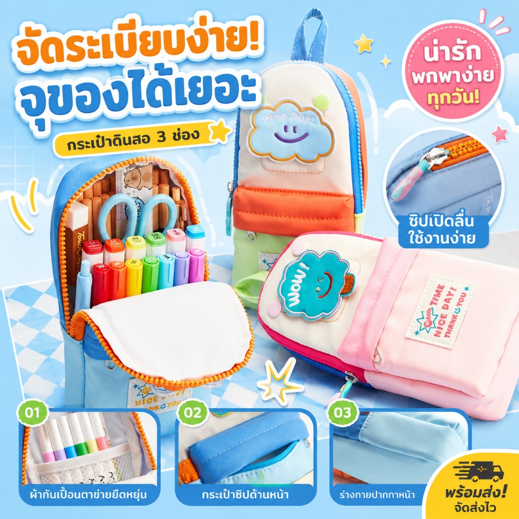 กระเป๋าดินสอแนวตั้ง ลายการ์ตูนน่ารัก ความจุมาก 2in1 (ปากกา+ของเล็กๆ) สำหรับนักเรียน