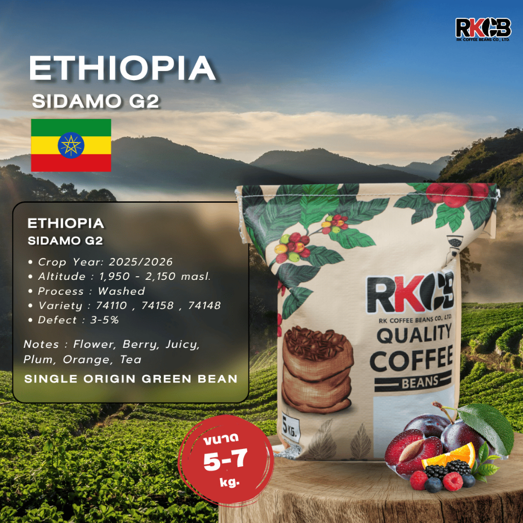 สารกาแฟเอธิโอเปีย Ethiopia Sidamo G2 บรรจุ 5kg. - 7Kg. RK.Coffeebean.