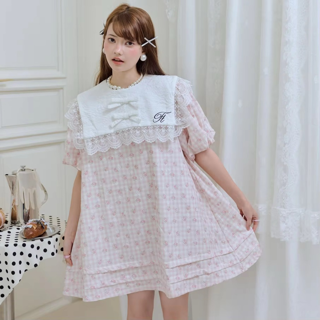 (NEW) FLAT2112 : ELIANA TIA MINI DRESS เดรสสั้นสีชมพู เดรสโอเวอร์ไซซ์น่ารัก เดรสคอปกลูกไม้ เดรสสไตล์