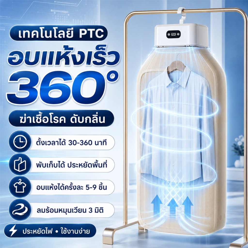 เครื่องอบผ้าเทคโนโลยี PTC ลมร้อน 360° อบแห้งเร็ว ลดกลิ่นอับ ประหยัดไฟ