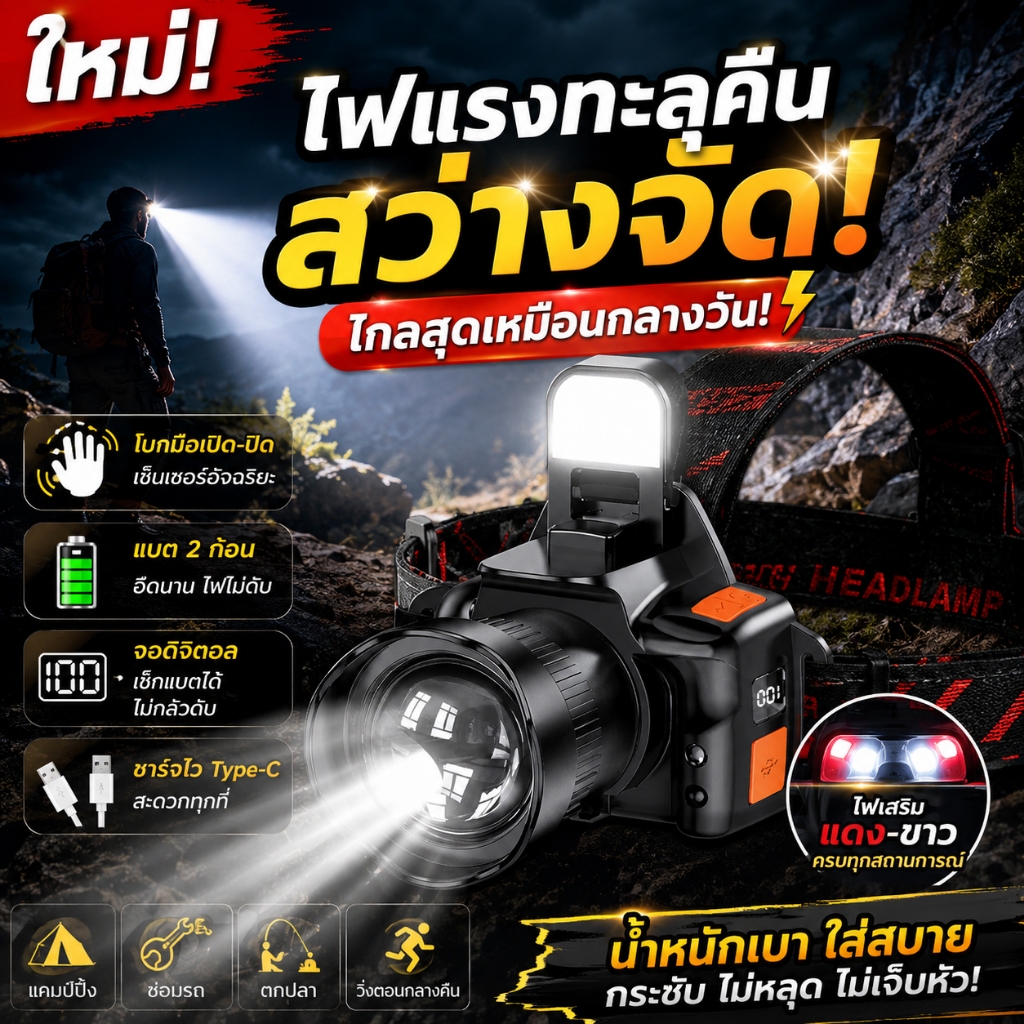 หัวแท้ ทนทาน ผ่านทะลุสูง ไฟคาดหัว  ไฟฉายคาดหัว ไฟคาดหัวแรงสูงled ส่องแสงได้ไกล10000m ใช้งานได้นาน 12 ชม. แสงจ้าส่อง