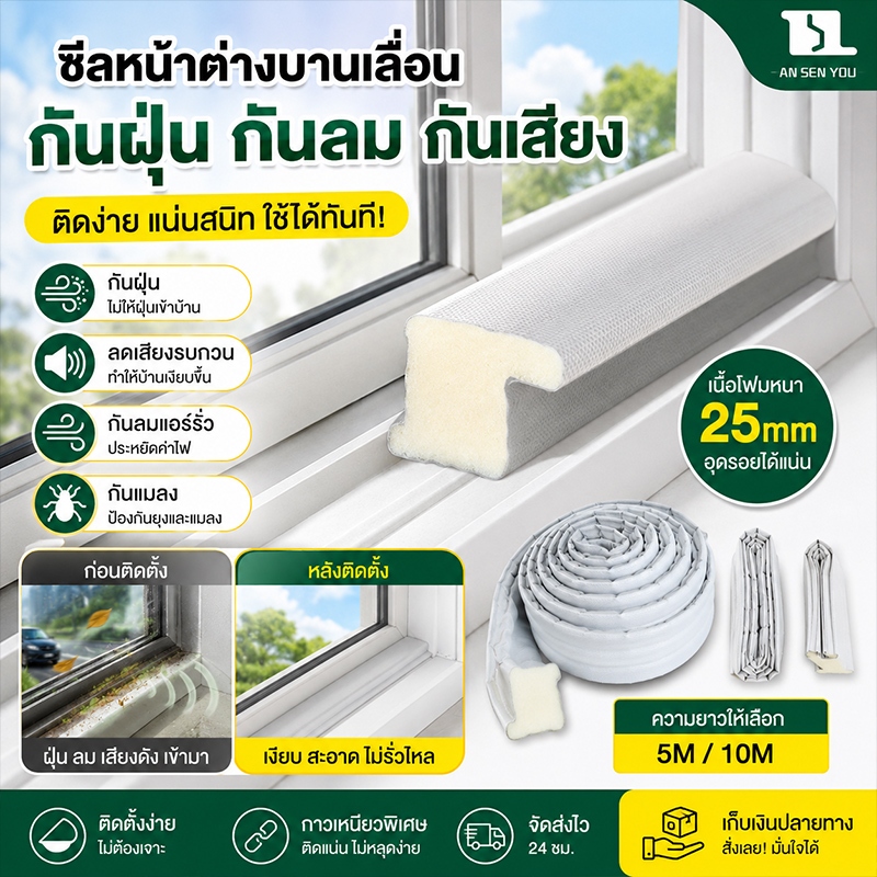 【กันลมขั้นสุด 】ชุดซีลหน้าต่างบานเลื่อน หน้าต่างช่องว่าง ฉนวนกันเสียง ติดตั้งง่าย 3 รุ่น ครอบคลุมทุกช่องว่าง ป้องกันเสีย