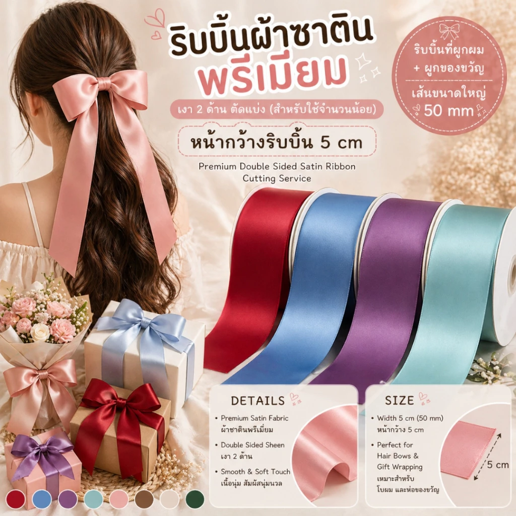 ริบบิ้นซาตินสีเรียบเงา 2 ด้าน ขนาด 5 cm. Double Side Ribbon – รุ่น Premium Satin ผูกของขวัญวันเกิด [RBY-0023]