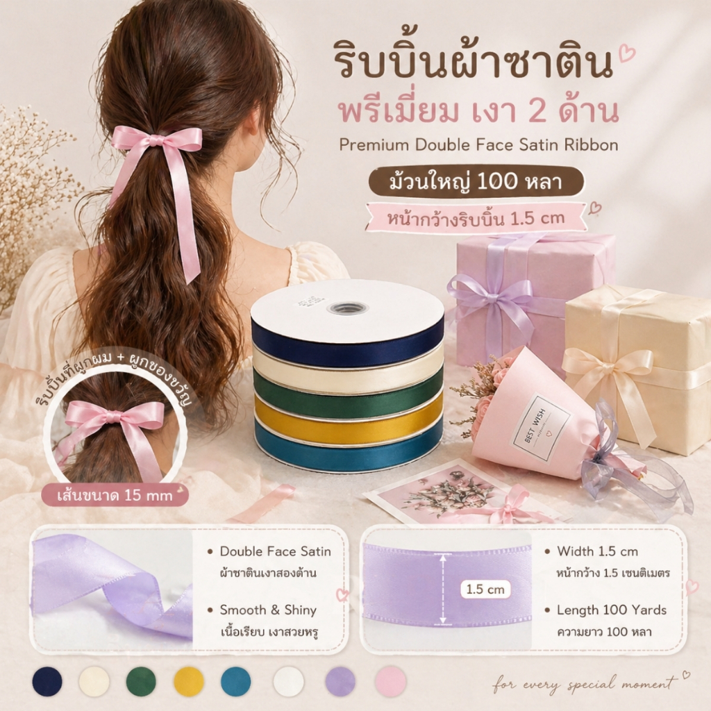 1 ม้วน【100หลา】* ริบบิ้นผ้าซาตินขนาด 1.5 CM สีเรียบเงา 2 ด้าน รุ่น CLASSIC ผูกของขวัญวันเกิด ผูกผม ตกแต่ง[RBR-0023]