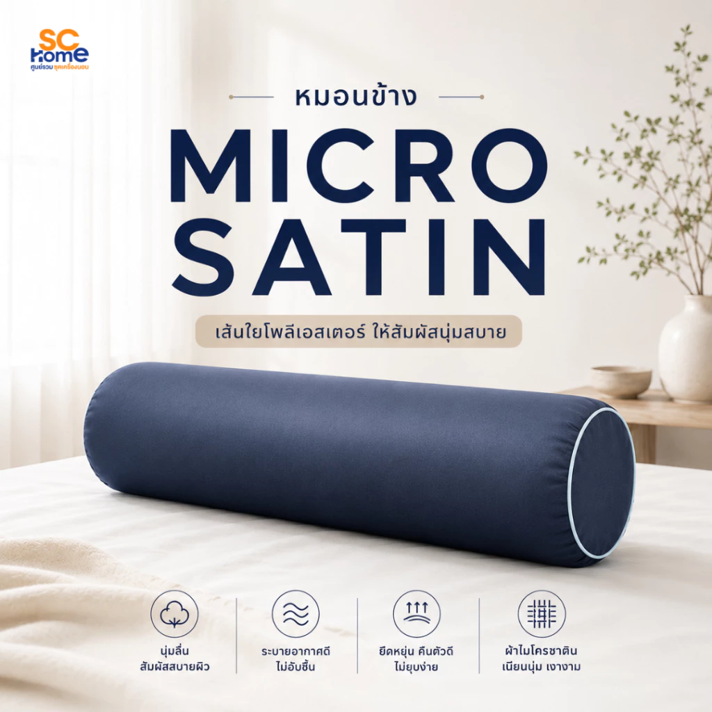 หมอนข้าง รุ่น SATIN บรรจุใยสังเคราะห์ 100% นุ่มแน่น คืนตัวได้ดี ขนาดมาตรฐาน ผ้า Micro Satin