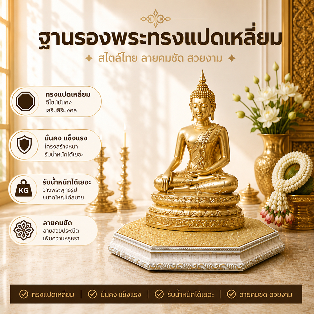 ฐานรองพระ ใบบุญเฟอร์นิเจอร์ ฐานพระสีขาว แท่นวางพระ แปดเหลี่ยม สูง 1.2 นิ้ว [ B028-2 ]