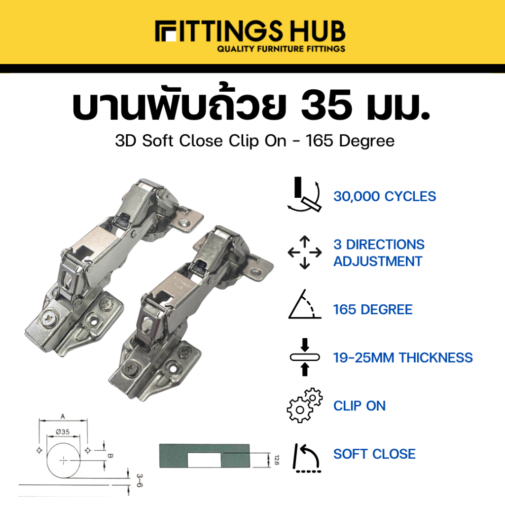 (1 ตัว)บานพับถ้วย 165 องศา soft close + clip on ทับขอบ กลางขอบ ในขอบ - Fittingshub