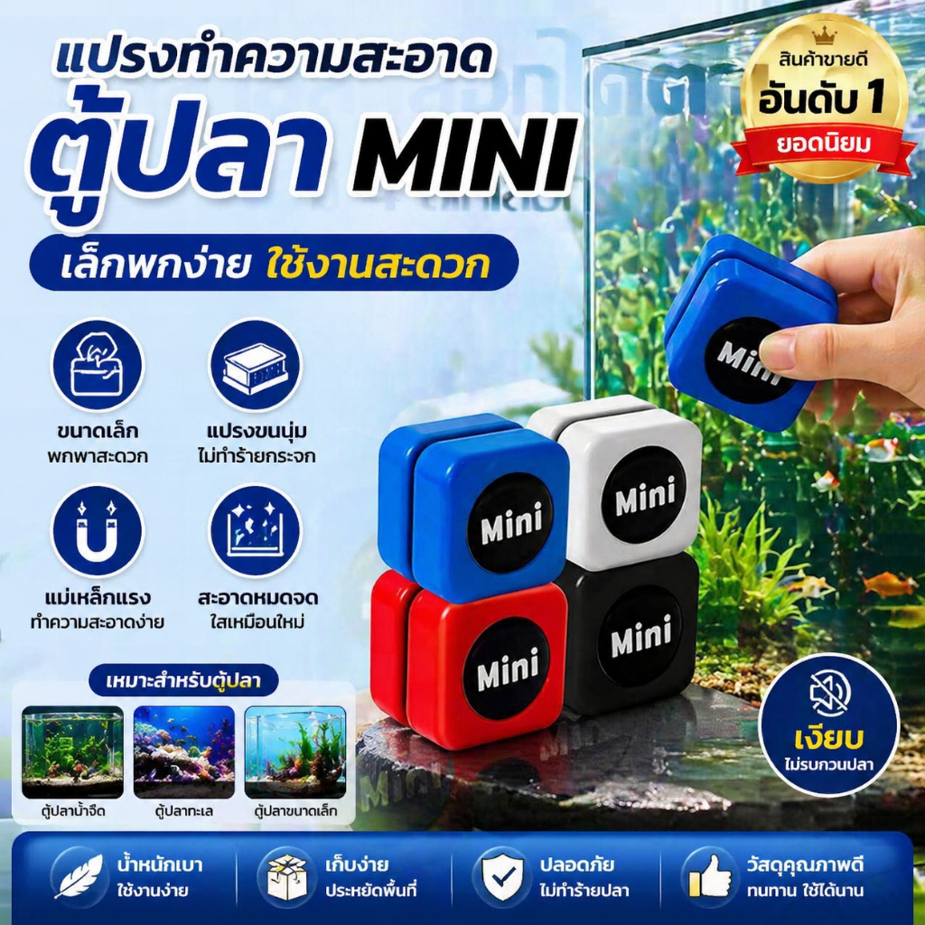 แปรงแม่เหล็กขัดตู้ปลา Mini แรงดูดสูง ทำความสะอาดกระจกตู้ปลา ไม่ทำให้เป็นรอย พร้อมส่งจากไทย
