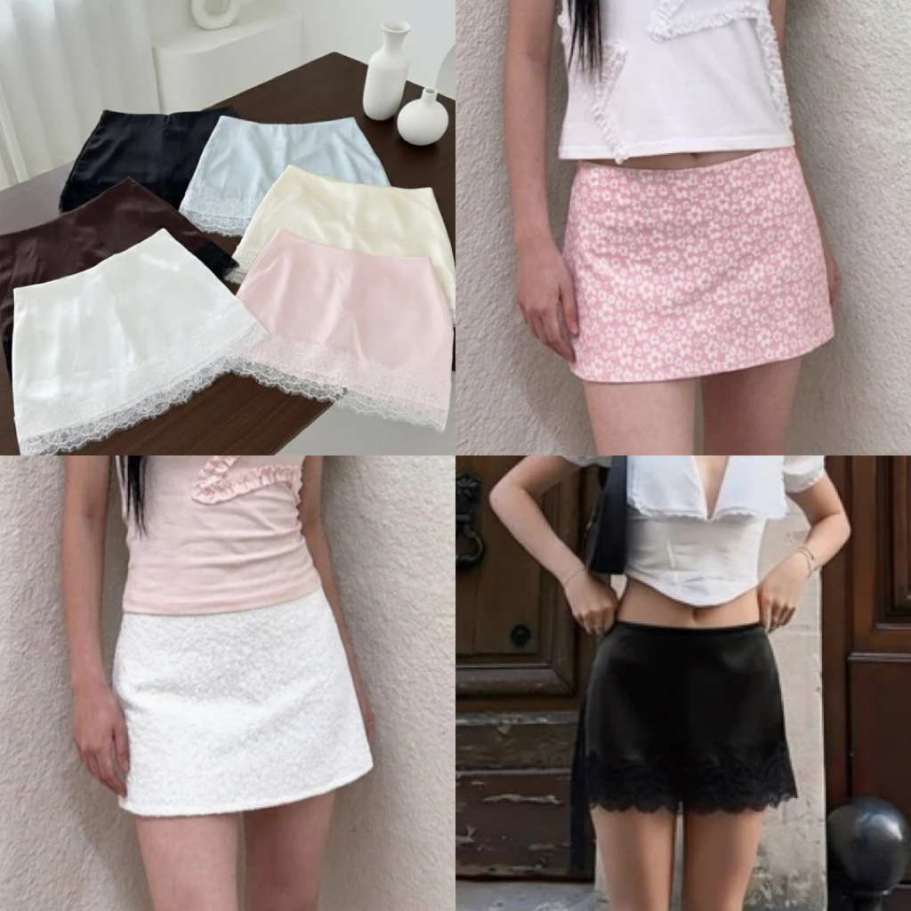 Cayla satin กระโปรงกางเกงซาตินขอบลูกไม้ เอวต่ำ