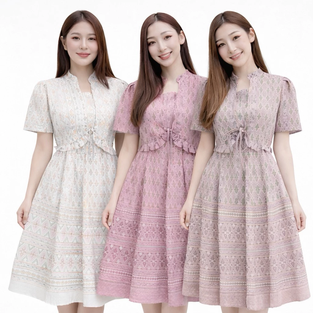 ชุด2in1 มีซิปหลังและสม็อคหลัง แต่งเสื้อคลุม ผูกโบว์ที่เสื้อคลุม เดรส Dress เสื้อผ้าผู้หญิง เสื้อผ้าแฟชั่น ชุดผ้าไทย
