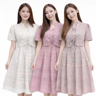 ชุด2in1 มีซิปหลังและสม็อคหลัง แต่งเสื้อคลุม ผูกโบว์ที่เสื้อคลุม เดรส Dress เสื้อผ้าผู้หญิง เสื้อผ้าแฟชั่น ชุดผ้าไทย