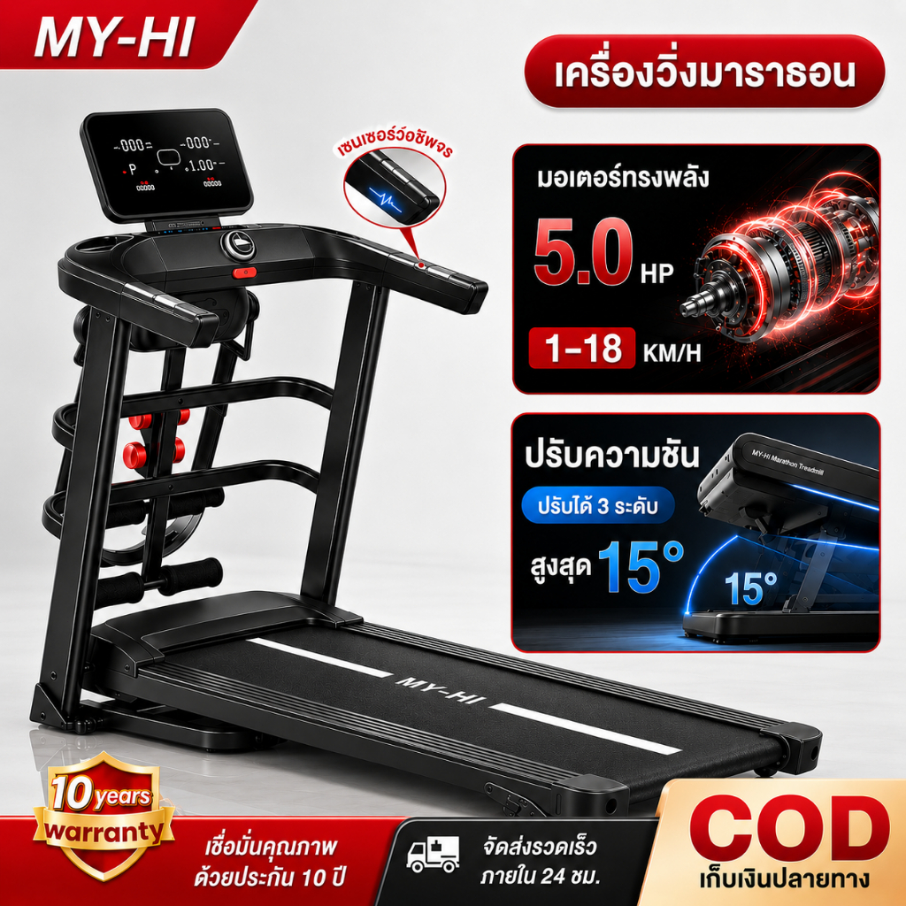 ลู่วิ่ง ลู่วิ่งไฟฟ้า ไฟฟ้า A7001 treadmill ลู่วิ่ง 5.0HP ลู่วิ่งพับได้ ปรับระดับความเร็ว 18 ระดับ ปร