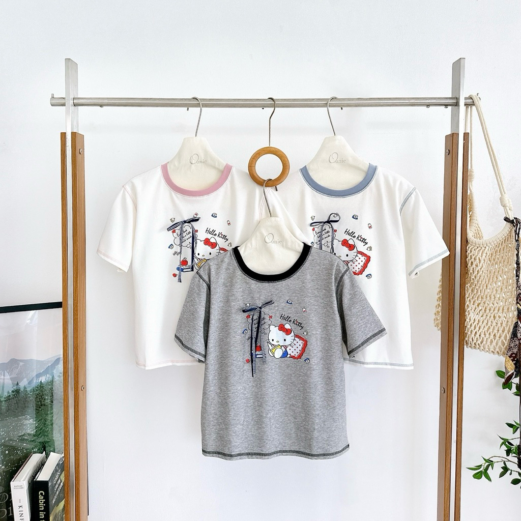 เสื้อยืดคิตตี้  แต่งอะไหล่โบว์ ผ้ายูนิโคล่เนื้อนุ่ม