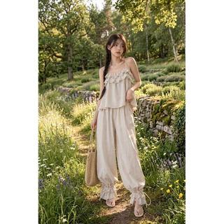 T35901เสื้อสายเดี่ยว/กางเกงขายาวทรงจินนี่ผ้าลินิน