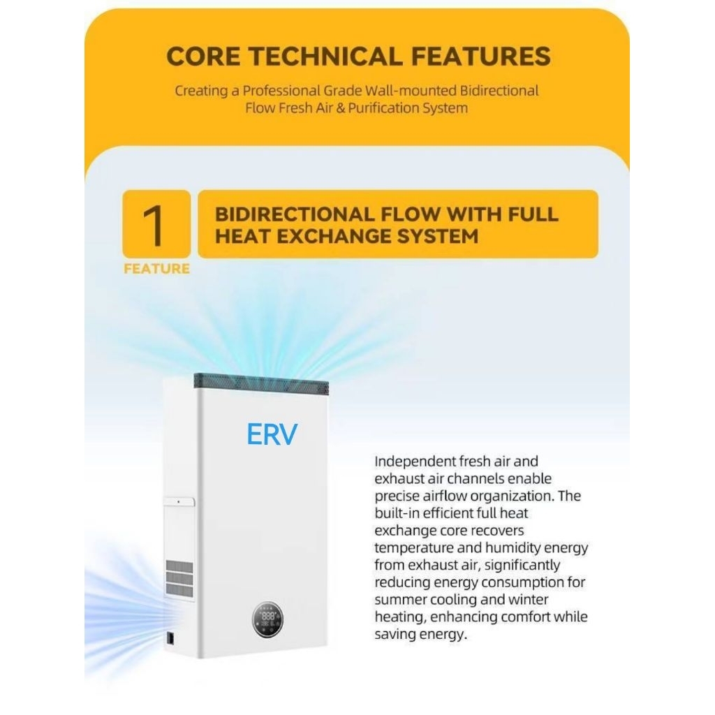 เครื่องฟอก​อากาศ​ERV+เติมอากาศ+ถ่ายเท+กรอง+ปรับอุณหภูมิ​ภายนอก​ให้สมดุลย์​=ภายในห้อง2years​Warranty​Heat​Recovery​Core​