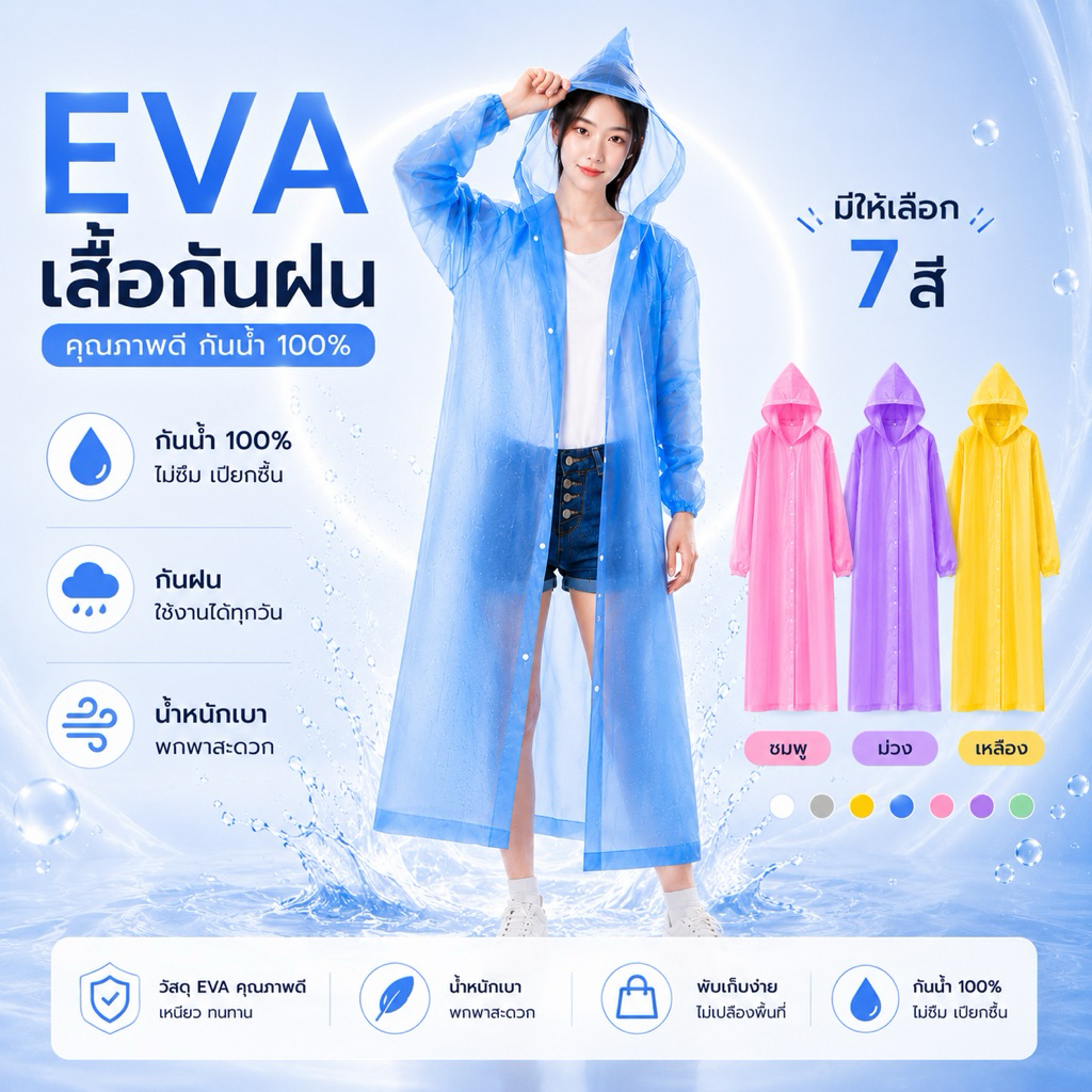 เสื้อกันฝน ฟรีไซส์ กระดุมหน้า มีจั้มเเขน มีหมวก ยาวคลุมทั้งตัว ผ้าเนื้อเหนียวเเต่เบาสบายไม่ร้อน