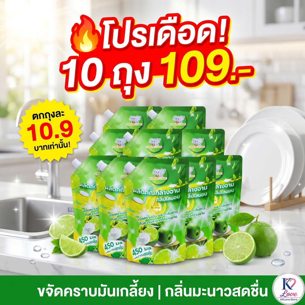 น้ำยาล้างจาน 450ml*10 กลิ่นเลมอน ล้างคราบมันง่าย ฟองเยอะ กลิ่นหอมติดจาน ถุงเติมประหยัด คุ้มค่าทุกบ้า