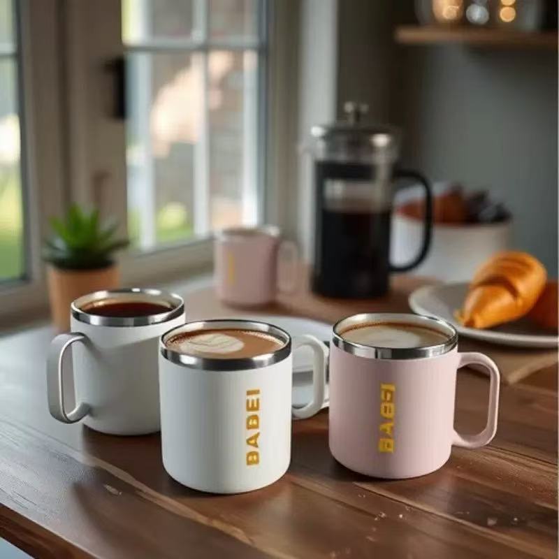 แก้วกาแฟสแตนเลส 304 มีหูจับ แยกความร้อนได้ดี เก็บความร้อน-เย็น ดับเบิ้ลชั้น ไม่ร้อนมือ ใช้ใส่กาแฟ นม ชา น้ำ ดื่มที่บ้าน