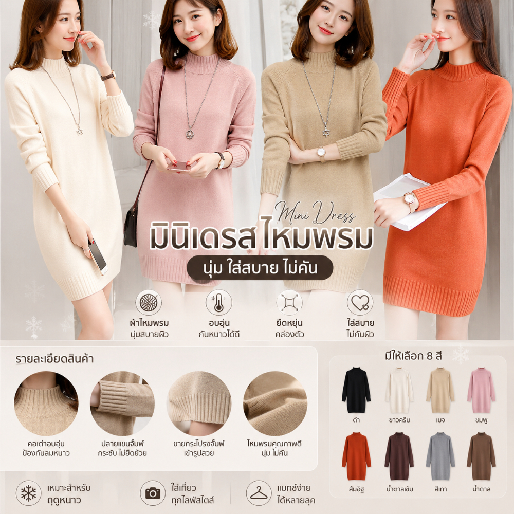 มินิเดรสไหมพรมอย่างดี mini dress นุ่ม ไม่คัน แท้ 100%