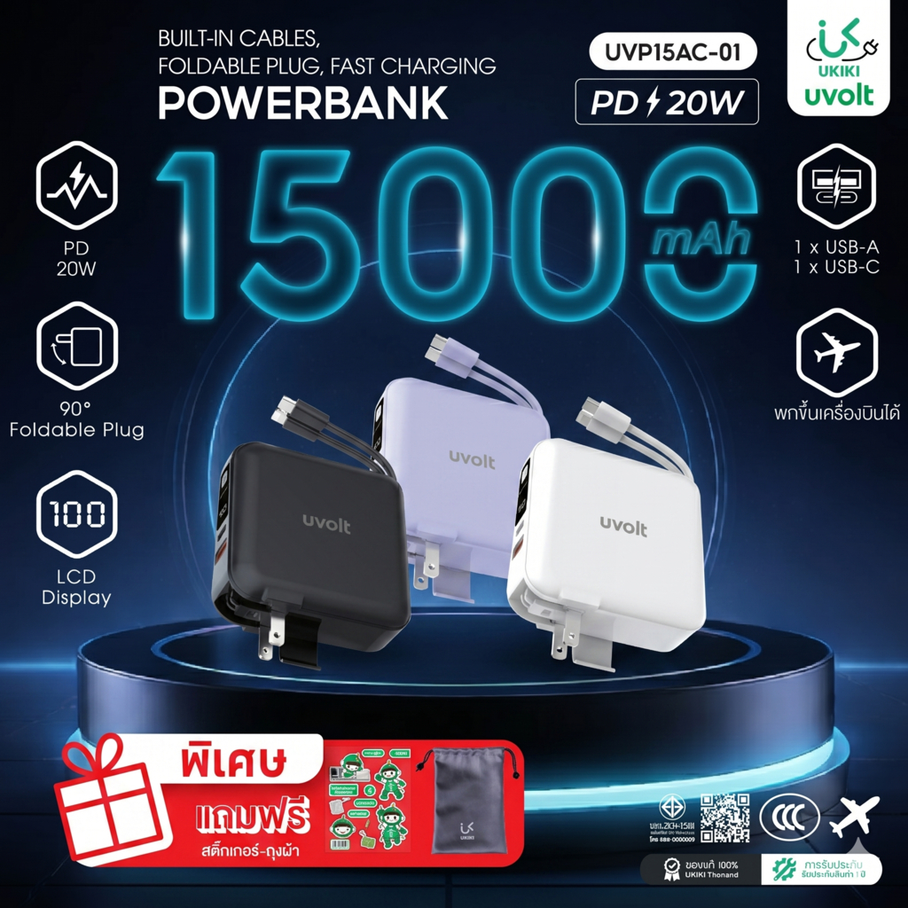 [รุ่นขายดี] UVOLT Powerbank 15000mAh PD20W แบตสำรองชาร์จไว สายในตัว Type C-iP รุ่น UVP15AC-01