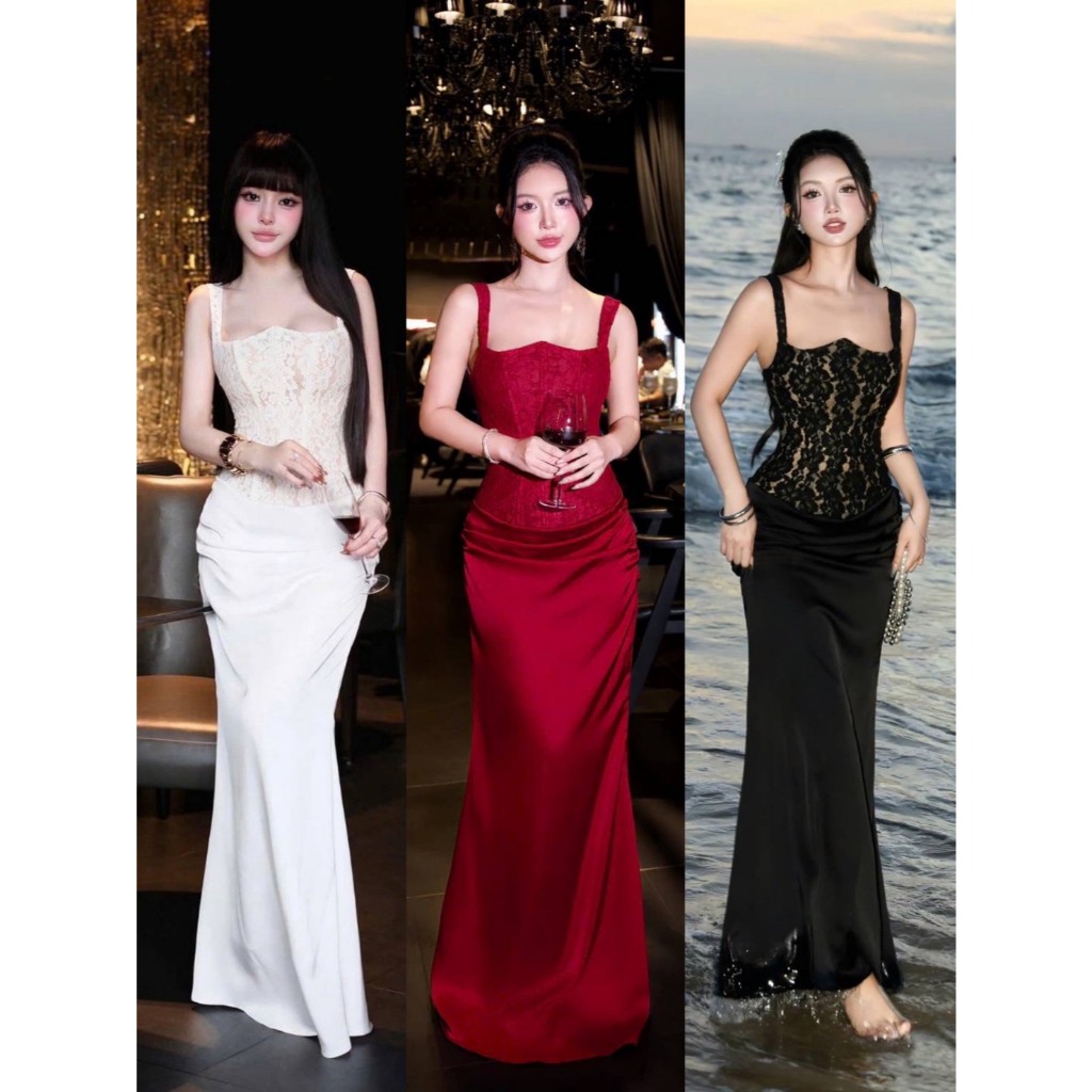 Zenlulu Brand: Maxi Dress Mixช่วงบนผ้าลูกไม้ทรงครอเซท กระโปรงผ้าซาติน