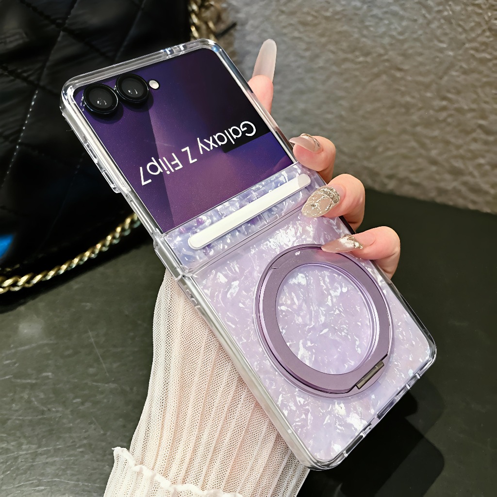 เคสพร้อมขาตั้งแม่เหล็กหมุนได้ สำหรับ Samsung Galaxy Z Flip 7 6 5 เคสชาร์จไร้สาย บางเฉียบ กันกระแทกทำจาก PC